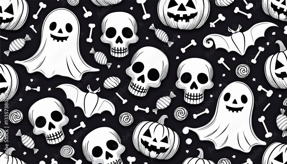 Seamless halloween pattern with scull bat ghost pumpkin bone candies white and black. Seamless halloween pattern with scull bat ghost pumpkin bone candies white and black.