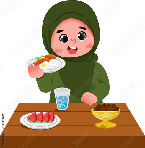 Illustration of a Girl Enjoying a Meal