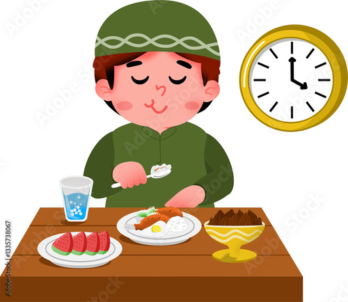 Illustration of a Boy Enjoying a Meal