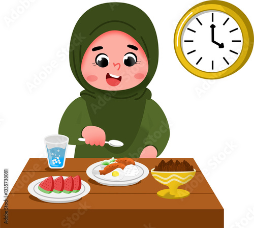 Illustration of a Girl Enjoying a Meal