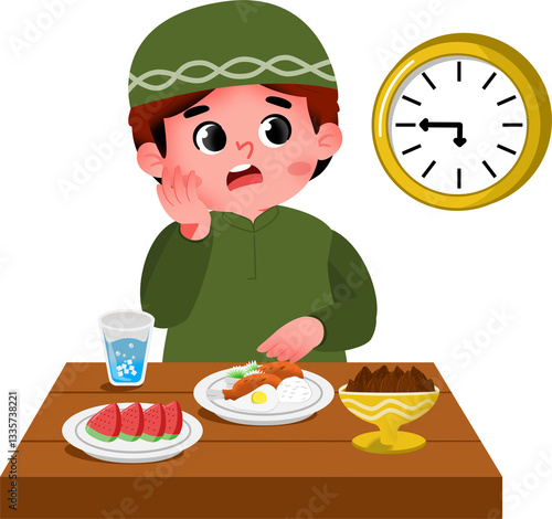 Illustration of a Boy Waiting for Dinner Time