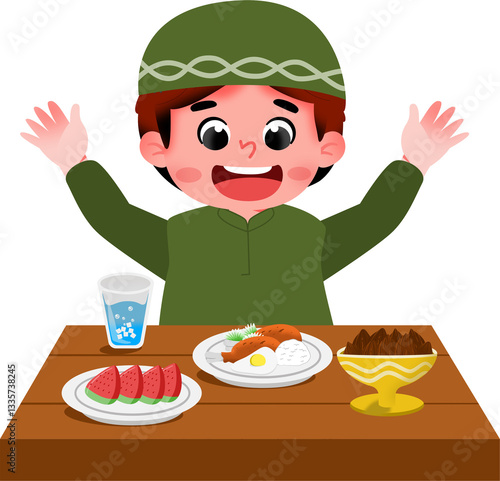 Illustration of a Boy Enjoying a Meal