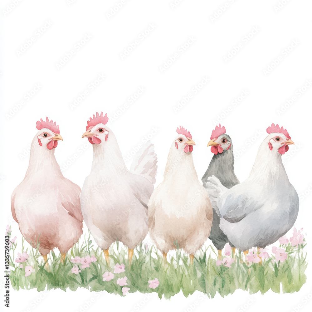 Fototapeta premium Group of colorful chickens standing on grass with flowers in a pastoral scene