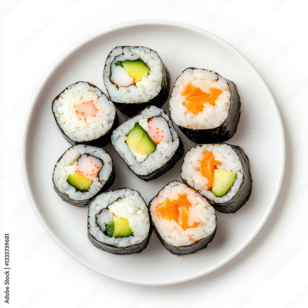 Assorted sushi rolls with fresh vegetables and seafood on a white plate Assorted sushi rolls with fresh vegetables and seafood on a white plate