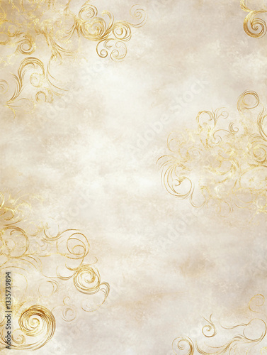 A gold and white background with swirls and a gold and white flower