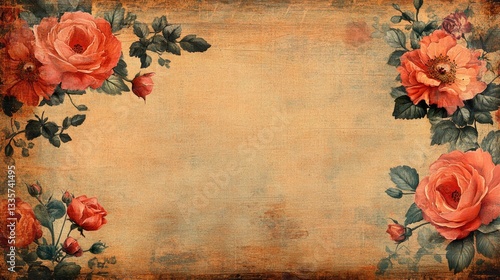 Vintage roses frame on aged paper background; decorative
