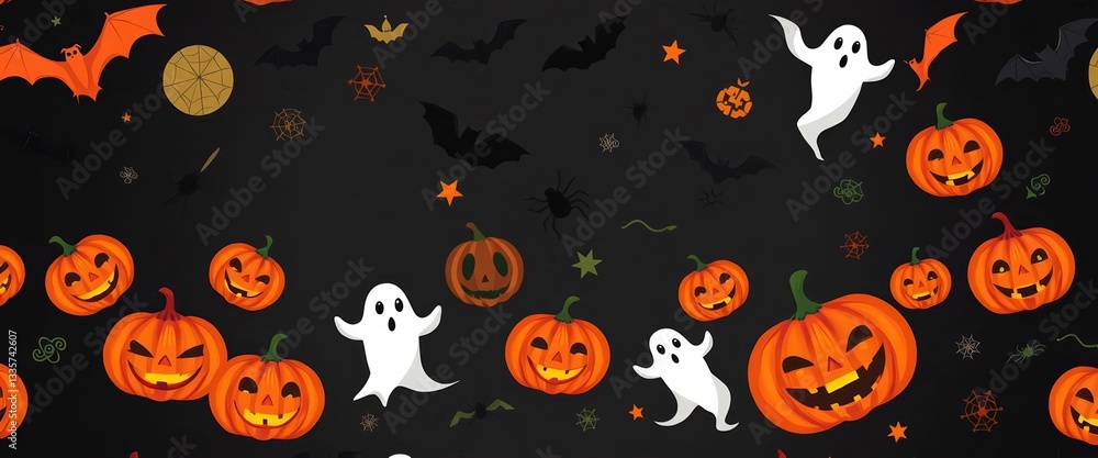 Spooky Halloween seamless pattern featuring bats, pumpkins, spiders, and ghosts on a dark background, leaving ample empty space, print, halloween Spooky Halloween seamless pattern featuring bats, pumpkins, spiders, and ghosts on a dark background, leaving ample empty space, print, halloween