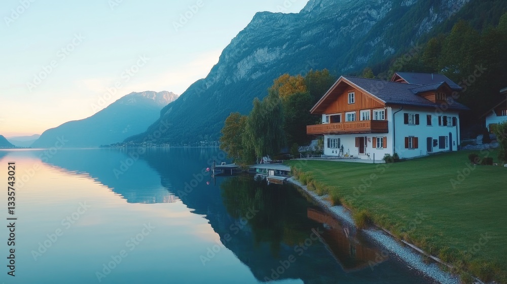 Fototapeta premium Lakeside chalet at dawn, reflecting in still water