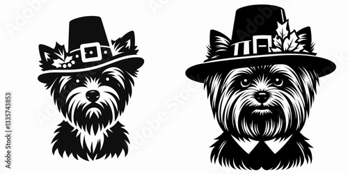 Yorkshire Terrier Dog wear pilgrim hat in thanksgiving 0805 1956 minimalist vector illustration depicting a cute pup enjoying the harvest festival.