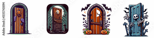 Y2 Halloween Creaking door 1 2 minimalist vector graphic showing a spooky haunted house entrance
