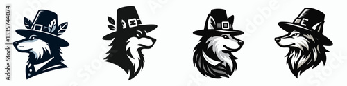 Wolf wear pilgrim hat in thanksgiving 0805 3120 vector graphic simple monochrome minimalist silhouette doodle a whimsical autumn harvest scene