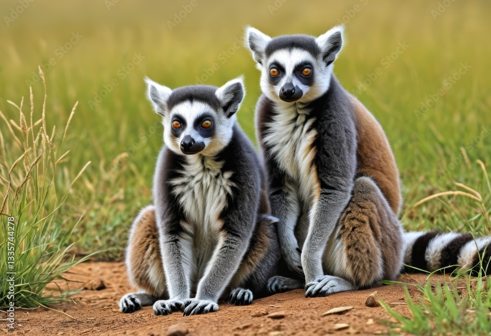 Obraz premium Two lemurs sit on the mud of the meadow