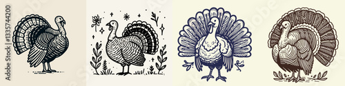 Turkey standing proudly with feathers fanned out vector outline drawing a majestic bird graphic simple monochrome minimalist silhouette.