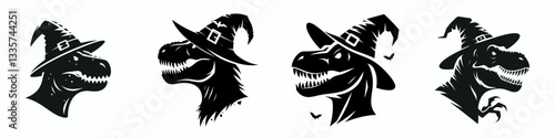 T rex's head wear witch hat in halloween a simple vector graphic of a dinosaur in spooky attire
