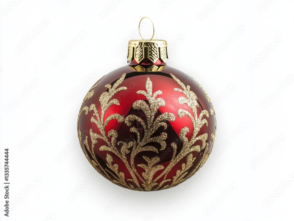 A Christmas ornament with a red and gold glittered acanthus pattern, isolated on a white background, ultra-realistic, wide-angle, product photography. A Christmas ornament with a red and gold glittered acanthus pattern, isolated on a white background, ultra-realistic, wide-angle, product photography.