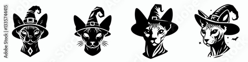 Sphynx cat's head wear witch hat in halloween vector graphic simple minimalist silhouette a spooky feline friend for autumn