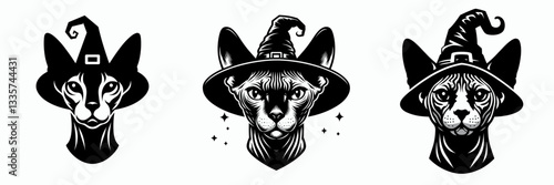 Sphynx Cat's face wear witch hat in halloween vector graphic a spooky minimalist doodle for a feline Halloween card