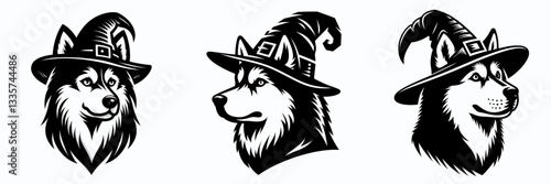 Siberian Husky Dog's head wear witch hat in halloween vector graphic a spooky monochrome minimalist silhouette doodle