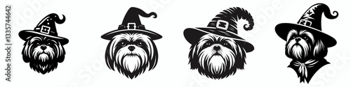 Shih Tzu Dog's head wear witch hat in halloween vector graphic a simple monochrome doodle of a fluffy dog in spooky attire
