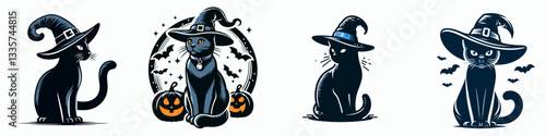 Russian Blue Cat wearing a witch hat in Halloween 0803 2707 vector illustration a spooky feline friend