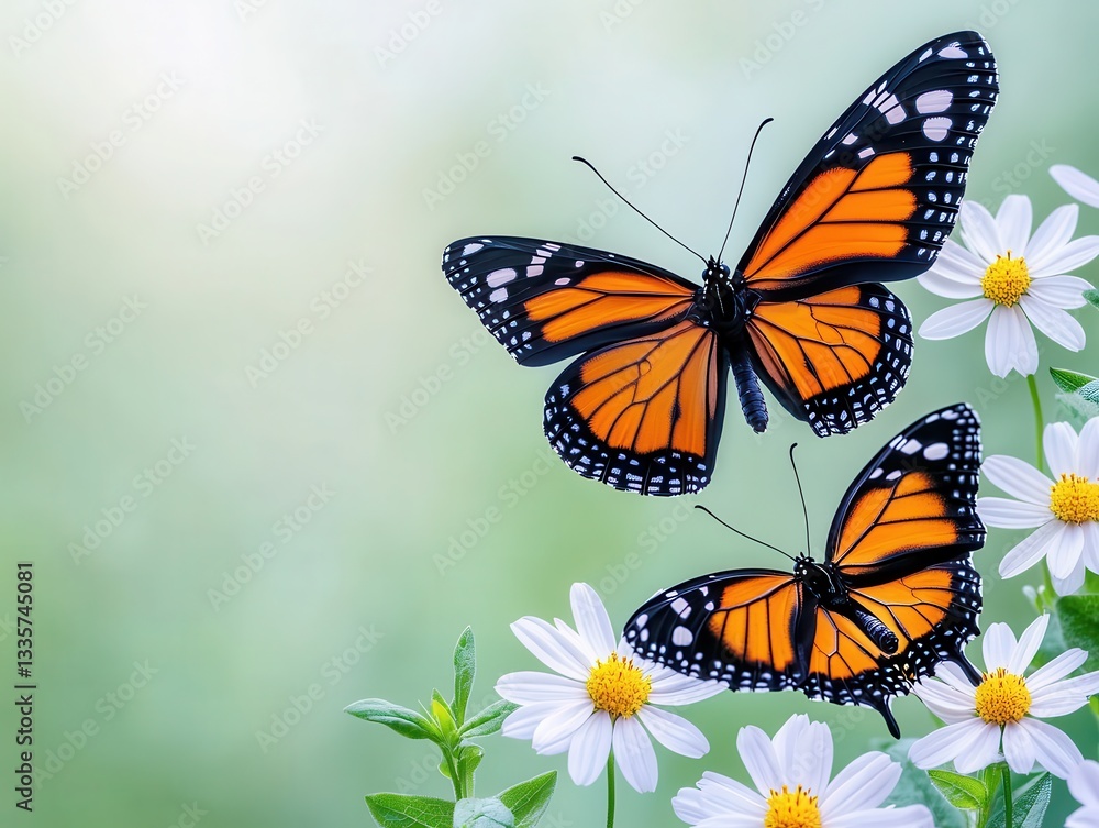 Naklejka premium Two vibrant butterflies resting on white daisies in a serene garden setting
