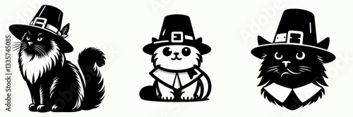 Ragdoll Cat wear pilgrim hat in thanksgiving 0805 5532 vector graphic simple monochrome minimalist silhouette doodle of a cute feline celebrating the harvest festival.