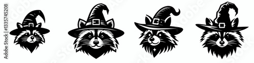Raccoon's head wear witch hat in halloween vector graphic simple minimalist silhouette a mischievous woodland creature for spooky season
