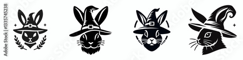 Rabbit's face wear witch hat in halloween vector outline drawing a spooky bunny for autumn festive graphic simple monochrome minimalist silhouette doodle