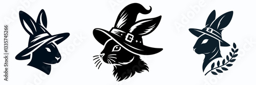 Rabbit's head wear witch hat in halloween vector graphic simple minimalist silhouette doodle a spooky autumn design