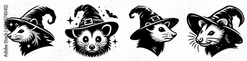 Possum's face wears a witch hat in Halloween a simple monochrome vector outline drawing depicts a marsupial trick-or-treater.