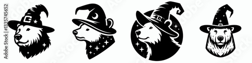 Polar Bear's head wear witch hat in halloween vector graphic simple monochrome minimalist silhouette doodle of a frosty arctic creature.