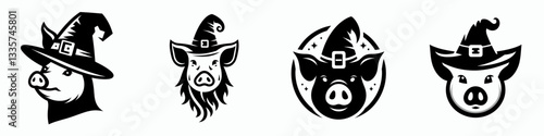 Pig's face wear witch hat in halloween vector graphic simple monochrome minimalist silhouette doodle of a swine in spooky attire