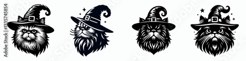 Persian Cat's head wear witch hat in halloween vector graphic simple monochrome minimalist silhouette doodle of a feline celebrating spooky season