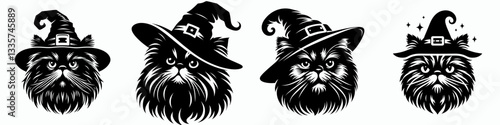 Persian Cat's face wear witch hat in halloween vector outline drawing a spooky minimalist graphic for a festive Halloween card