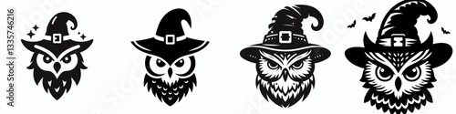 Owl's face wear witch hat in halloween vector graphic a spooky simple monochrome minimalist silhouette doodle for Halloween.
