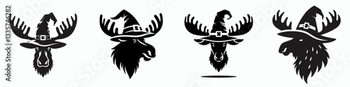 Moose's head wear witch hat in halloween vector graphic a spooky woodland creature silhouette