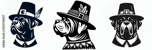 Mastiff Dog wear pilgrim hat in thanksgiving 0805 4707 vector graphic of a giant breed dog enjoying the autumn harvest festival.