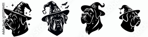 Mastiff Dog's head wear witch hat in halloween vector graphic a spooky canine friend for October festivities