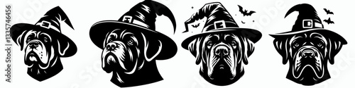 Mastiff Dog's face wear witch hat in halloween vector graphic of a friendly giant dog in spooky attire