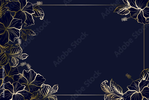 Hibiscus dark elegant line art floral background with silver metallic colors