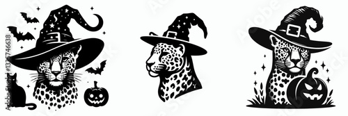 Leopard wear witch hat in halloween vector graphic simple minimalist silhouette doodle of a spotted feline celebrating spooky season