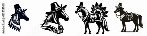 Horse wear pilgrim hat in thanksgiving vector outline drawing a simple monochrome minimalist silhouette doodle of a thankful equine.