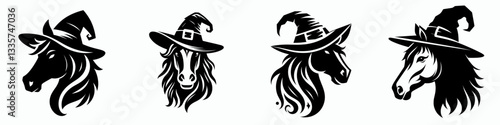 Horse's face wear witch hat in halloween 0804 1843 vector illustration a spooky equine Halloween design