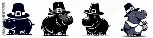Hippo wear pilgrim hat in thanksgiving 0805 0005 vector illustration a plump hippo wearing a pilgrim hat for Thanksgiving, simple and minimalist style