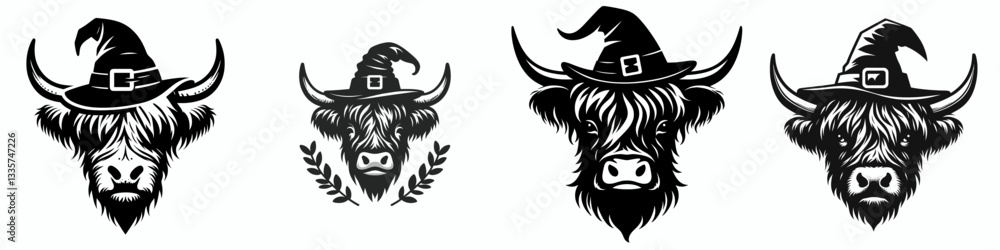 Highland Cow's face wears a witch hat in Halloween a simple monochrome vector drawing of a Scottish bovine celebrating the spooky season Highland Cow's face wears a witch hat in Halloween a simple monochrome vector drawing of a Scottish bovine celebrating the spooky season