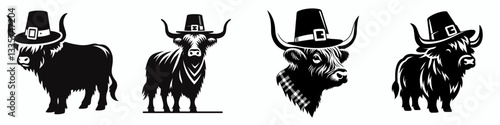 Highland Cow wear pilgrim hat in thanksgiving 0805 5819 vector illustration a cute Scottish bovine celebrating the harvest festival.