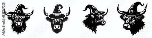 Highland Cow's head wear witch hat in halloween vector graphic a simple monochrome minimalist doodle of a Scottish bovine in spooky attire