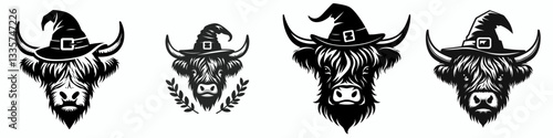Highland Cow's face wears a witch hat in Halloween a simple monochrome vector drawing of a Scottish bovine celebrating the spooky season