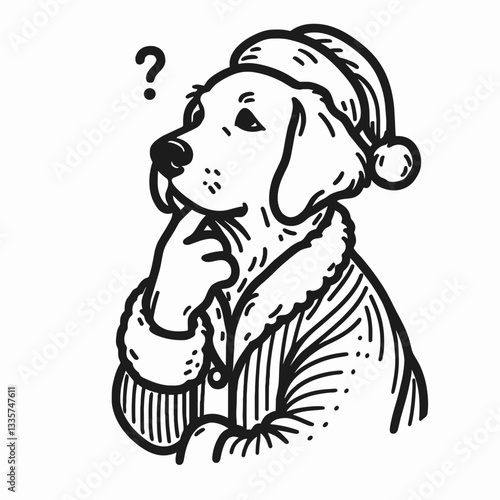 Golden Retriever Dog wear Santa Claus Costumes Laughing with mouth open simple vector graphic, a jolly holiday scene