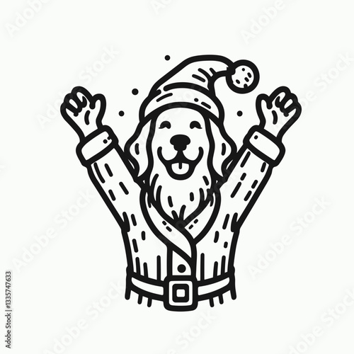 Golden Retriever Dog wearing Santa Claus costumes hands raised in celebration vector graphic depicts a joyful Christmas pup